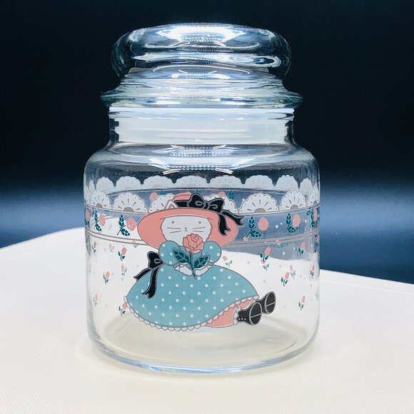 Vintage 1988 Country Kitty Cat Doll Apothecary Glass Jar and Bubble Lid - Picture 1 of 10